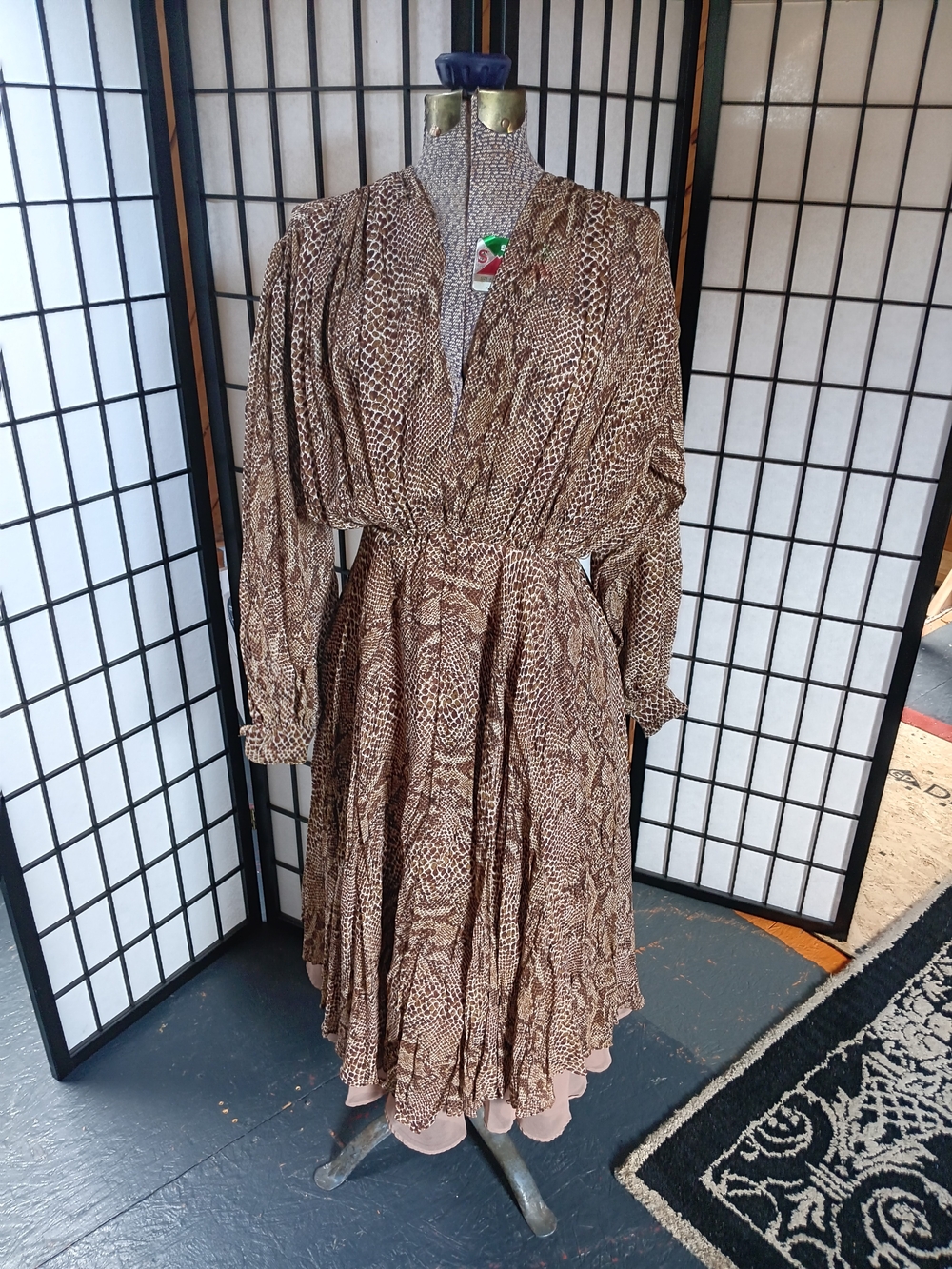 Vintage Victor Costa Brown Snake-Print Long Sleeve Midi Dress